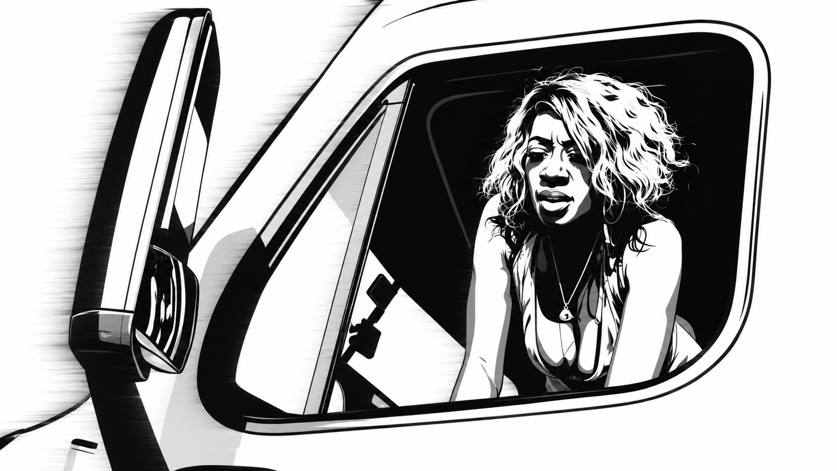 A driver glancing back through the truck's side mirror